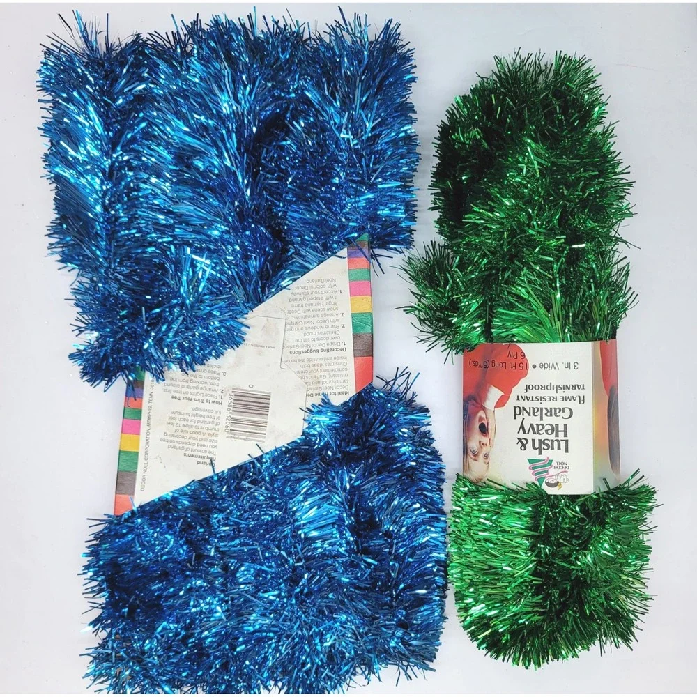 Vintage Decor Noel Tinsel Garland Blue & Green  Metallic Christmas 15/20ft 6-Ply